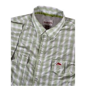 Simms Fishing Green White Plaid Short Sleeve Shirt Pearl Snap Vented Men's Large
